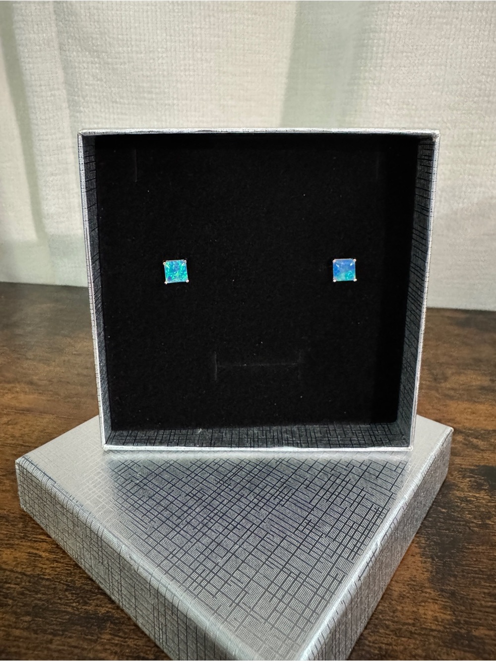 Blue Fire Opal Gemstone 925 Sterling Silver Square Stud Earrings Rose Gold